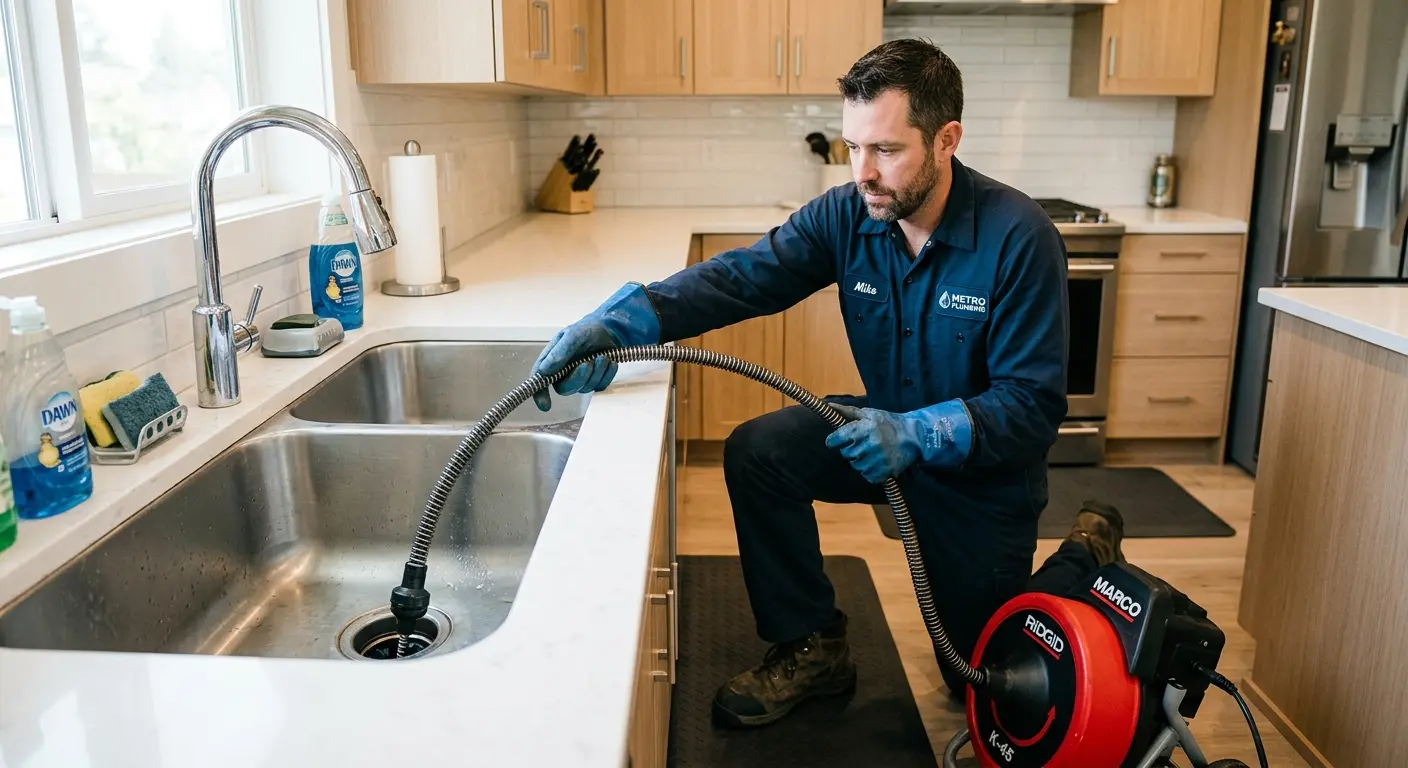 Drain cleaning technician using a motorized snake on a kitchen sink in Cambria