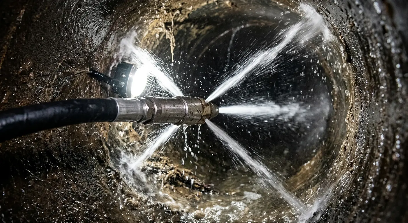High-pressure hydro jetting nozzle cleaning sewer pipe for Trenchless Sewer Repair in Cambria