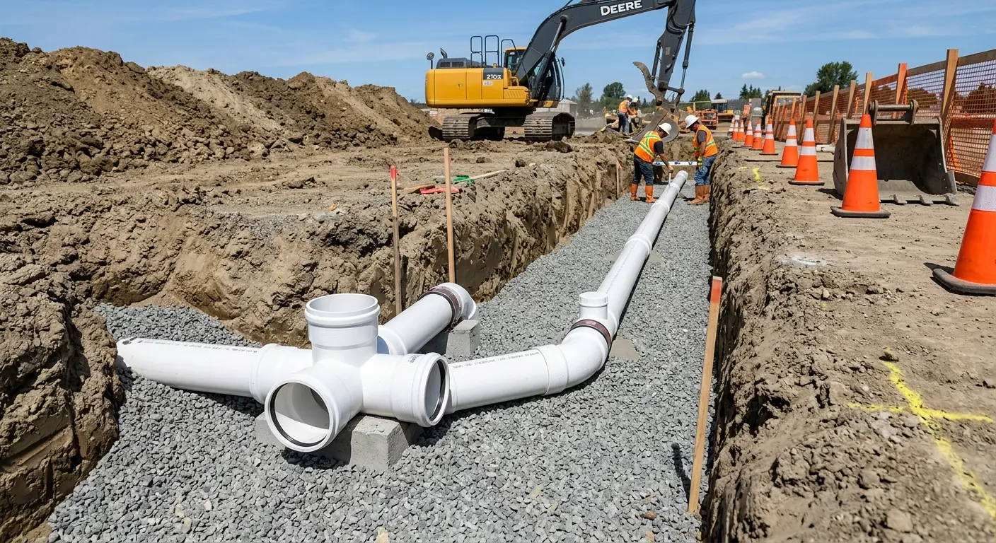 New PVC sewer pipe installation in open trench for Commercial Drain Cleaning in Cambria