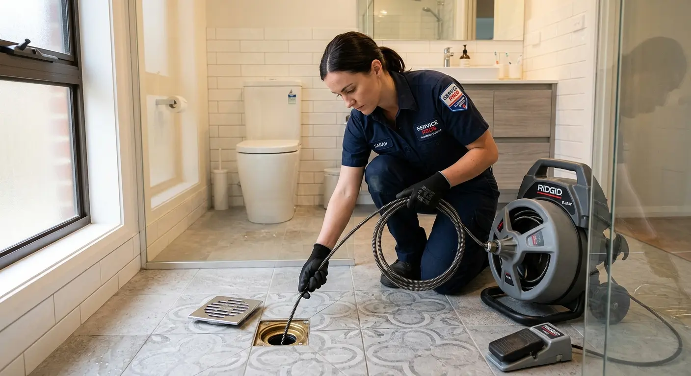 Technician clearing a bathroom floor drain for Drain Cleaning in Cambria
